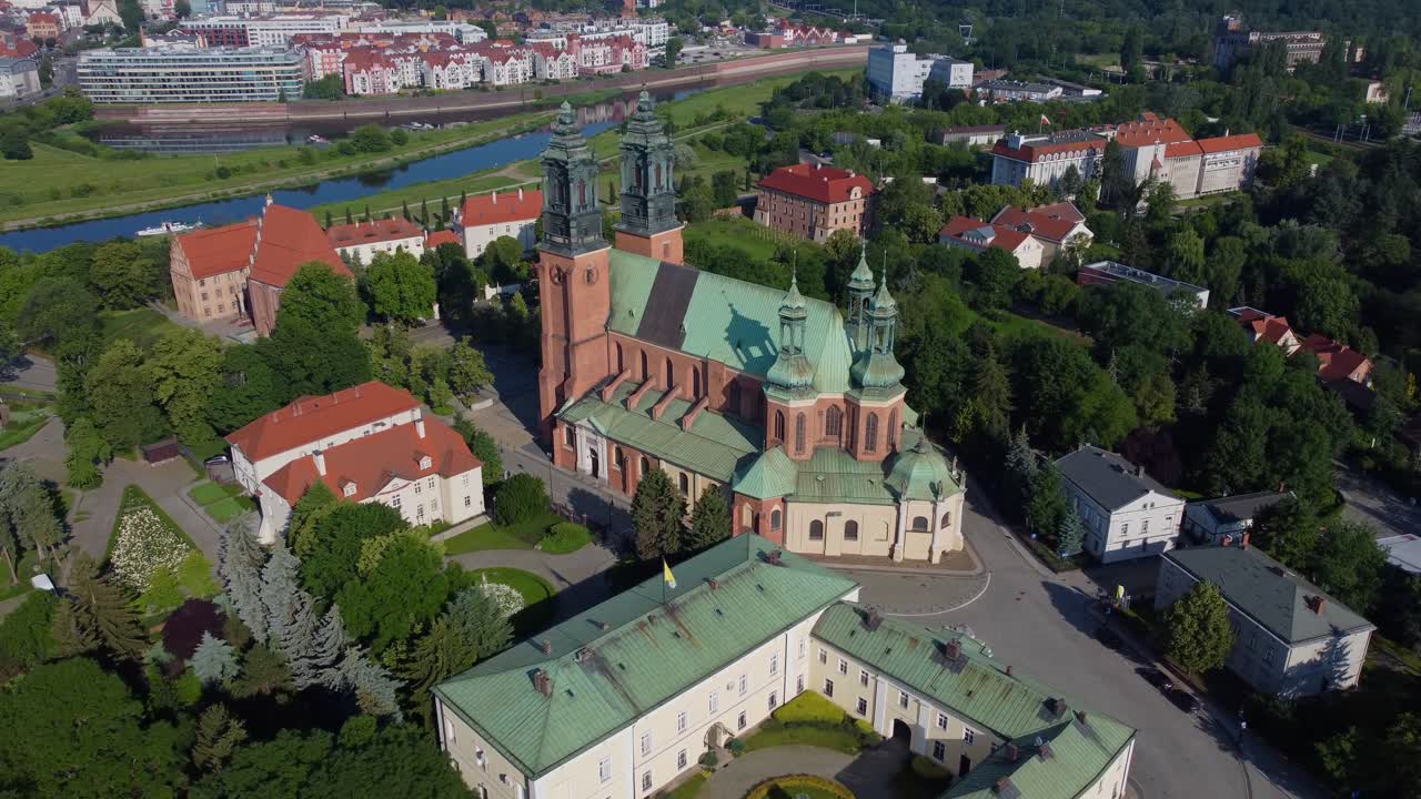 Aerial 4K cinematic drone video of Poznan Archcathedral of St Peter and St John on Cathedral Island
