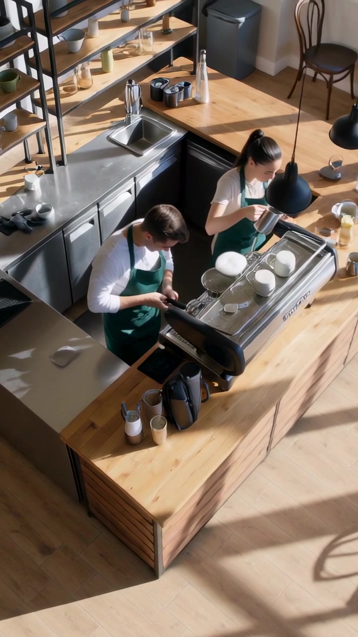 Vertical video: Standing at espresso machine two staff in aprons steaming milk and tamping for cups