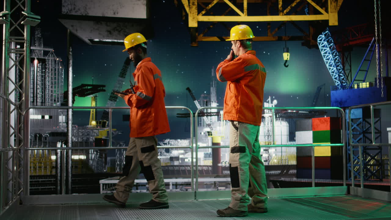 Offshore engineer coordinating via walkie talkie during oil production