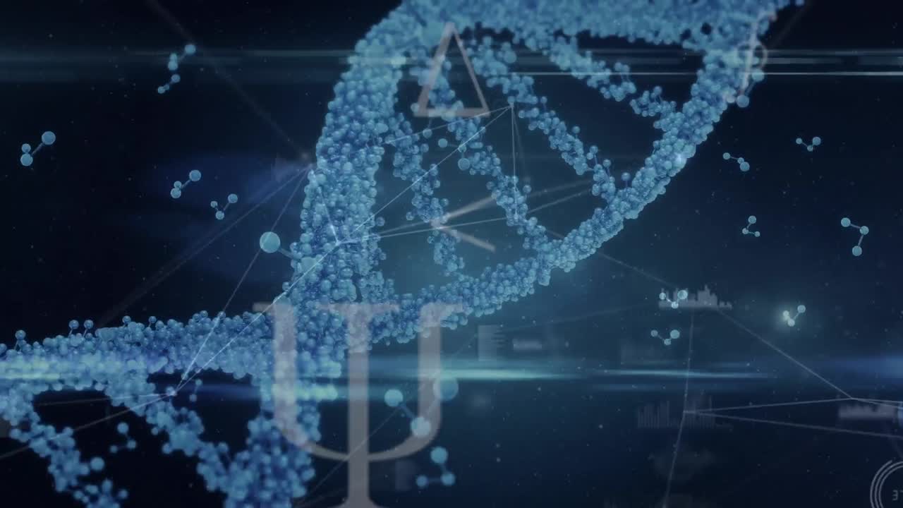 Digital animation of dna and molecular structures over data processing against blue background