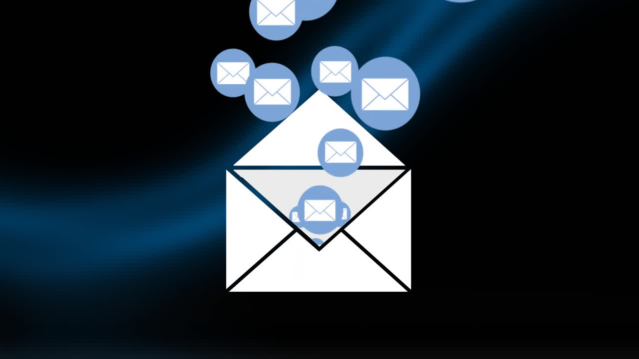 animación de iconos de correo electrónico que vuelan sobre el fondo azul
