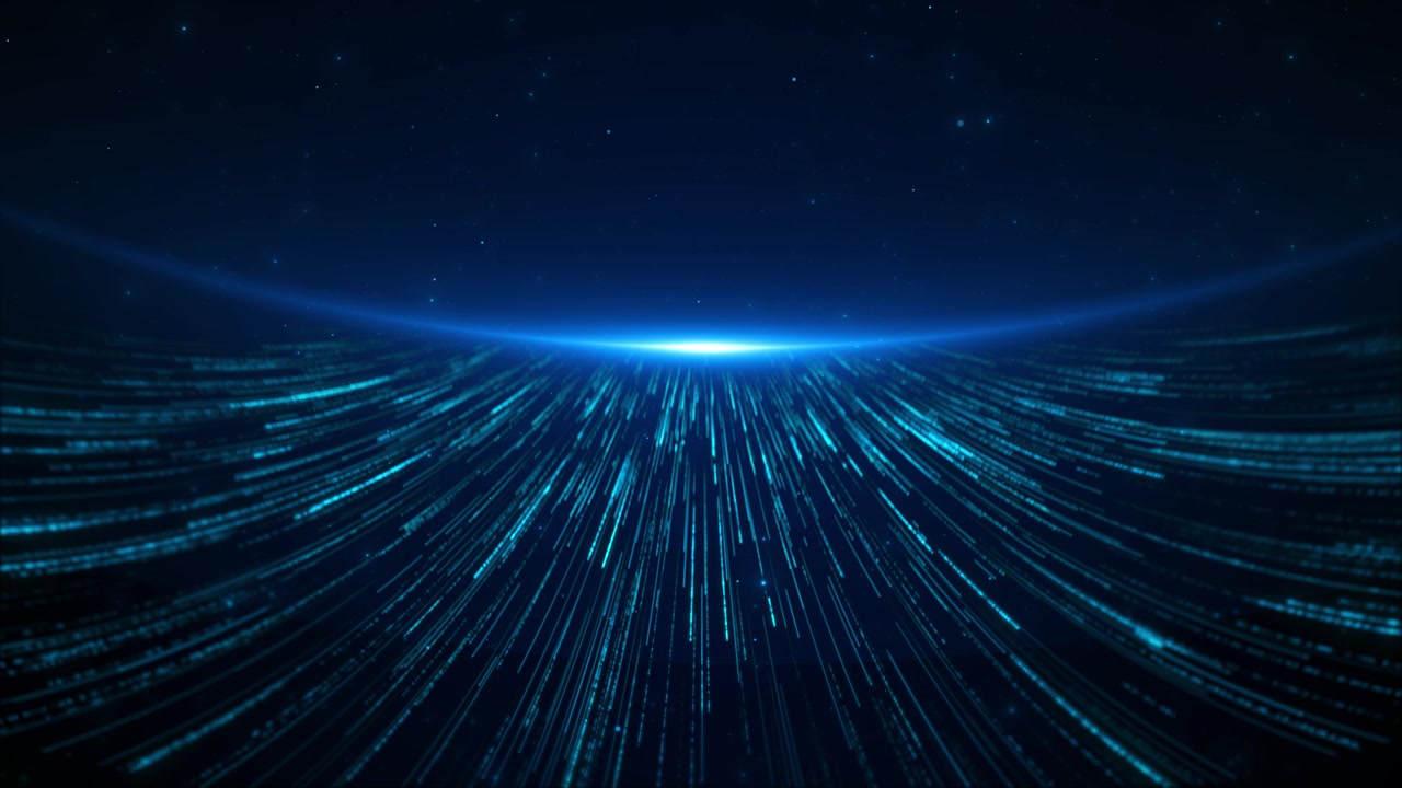 Blue digital horizon speed background streaming light trails glowing center flare deep space stars