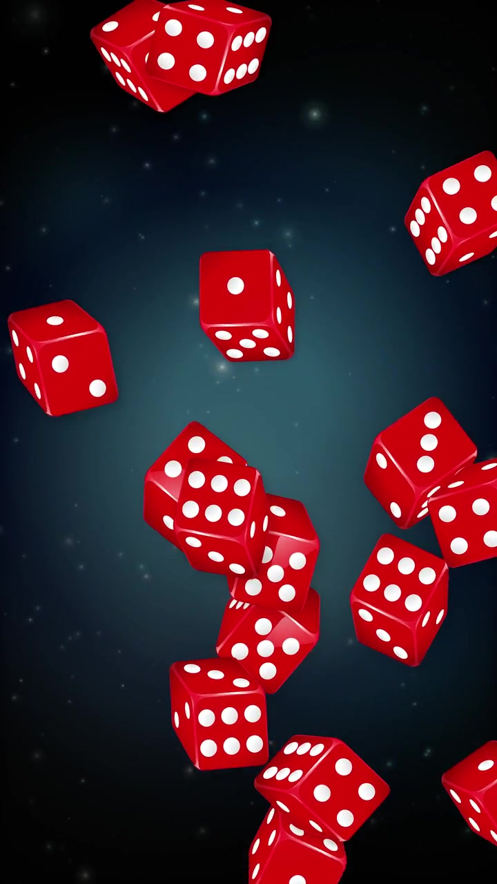 Dadi da gioco rossi cadono continuamente attraverso uno spazio scuro con sottili effetti di particelle luminose