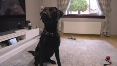 close-up shot of a black labrador jumping and fetching a toy whilst playing