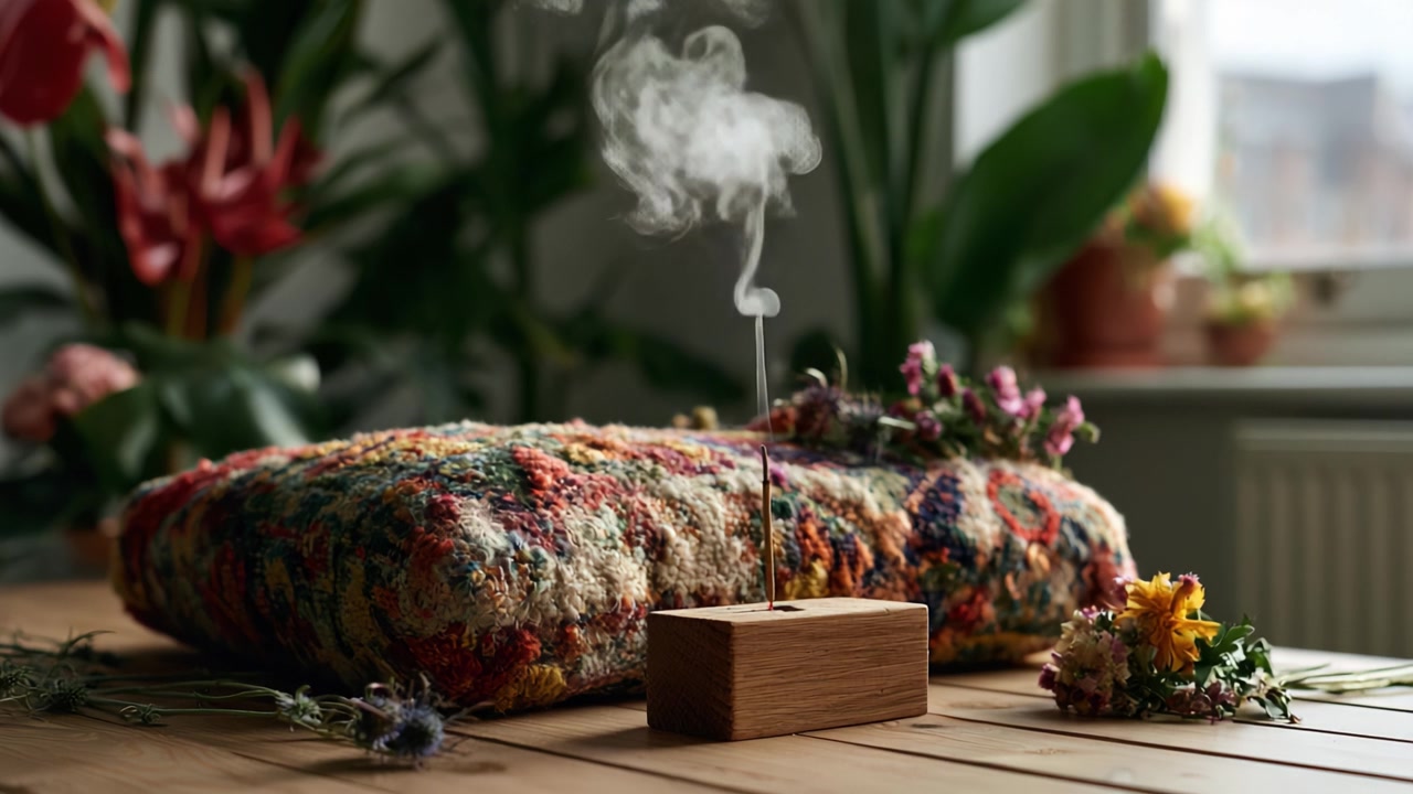 Scène apaisante avec de l'encens et sa fumée légère s'élevant au-dessus d'un coussin coloré, entouré de fleurs fraîches et de verdure dans un cadre naturel douillet.
