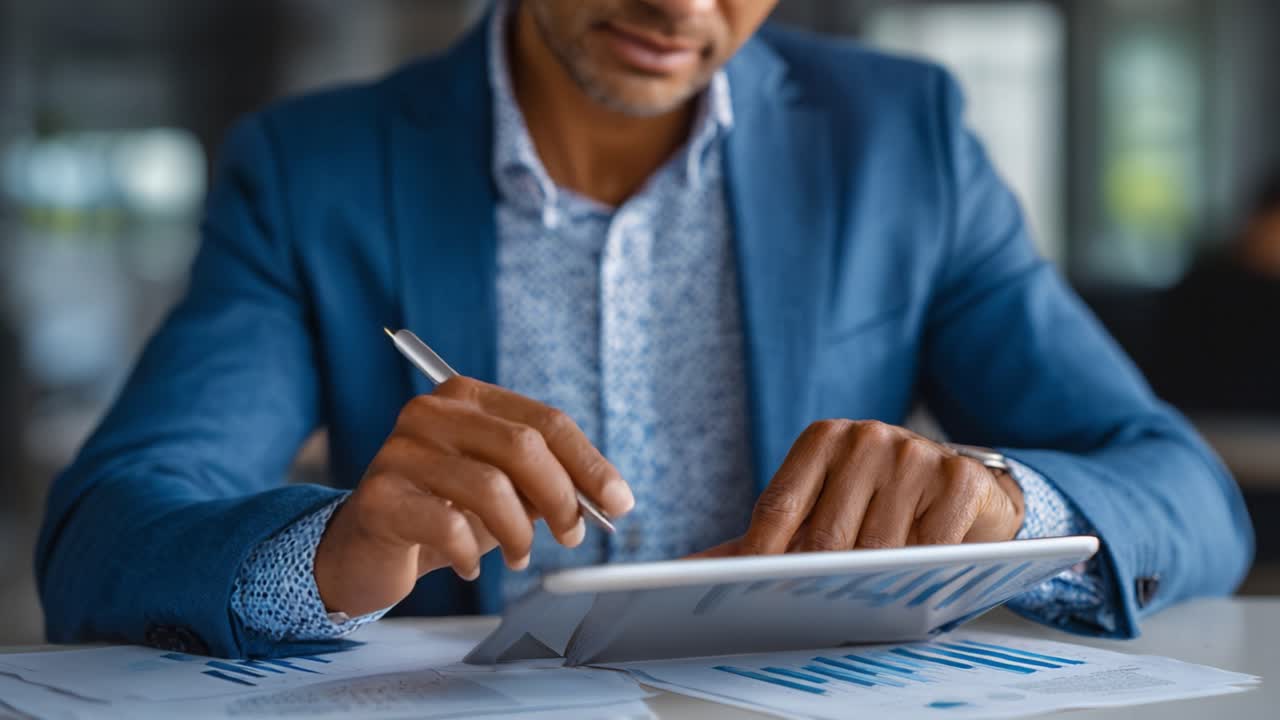 Geconcentreerde Professional Analyseert Grafieken op Tablet Terwijl Notities Worden Gemaakt: Een Diepgaande Analyse van Datatrends en Inzichten voor Effectieve Zakelijke Beslissingen.