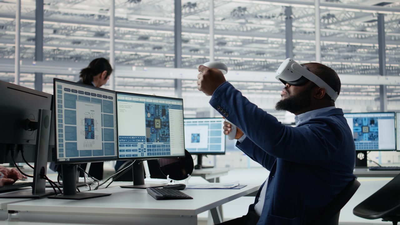 African American Man Using VR Headset and Controllers in Modern Office