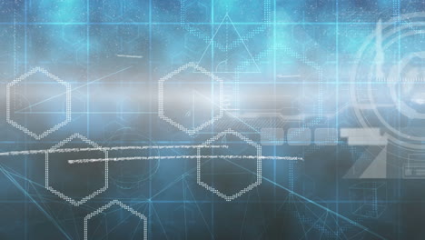 procesamiento de datos y punto de luz contra escáner redondo y formas hexagonales sobre fondo azul