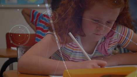 animation of network of connections over portrait of caucasian girl studying in the class at school