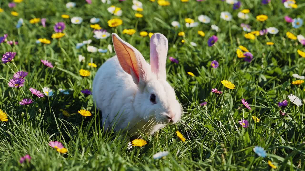 Un video ravvicinato di un coniglio bianco in un prato vivace, ripreso da una bassa angolazione, che cattura immagini colorate