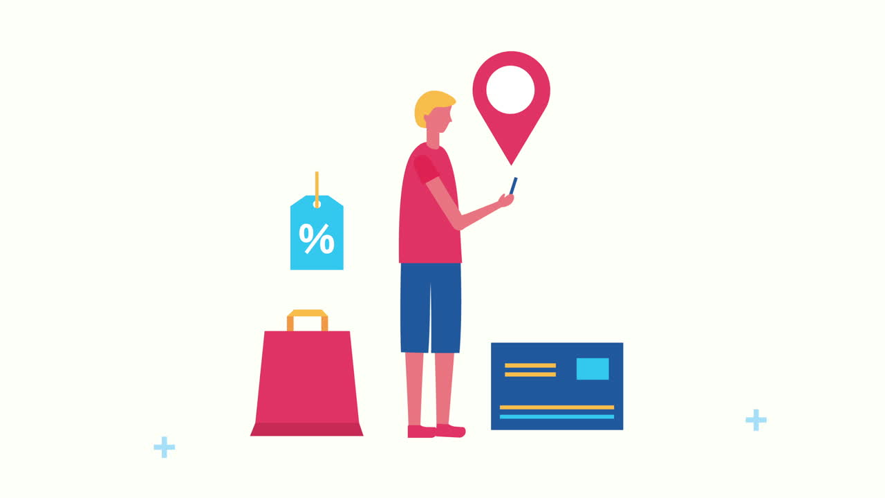 joven con iconos de comercio electrónico