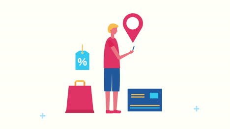 joven con iconos de comercio electrónico