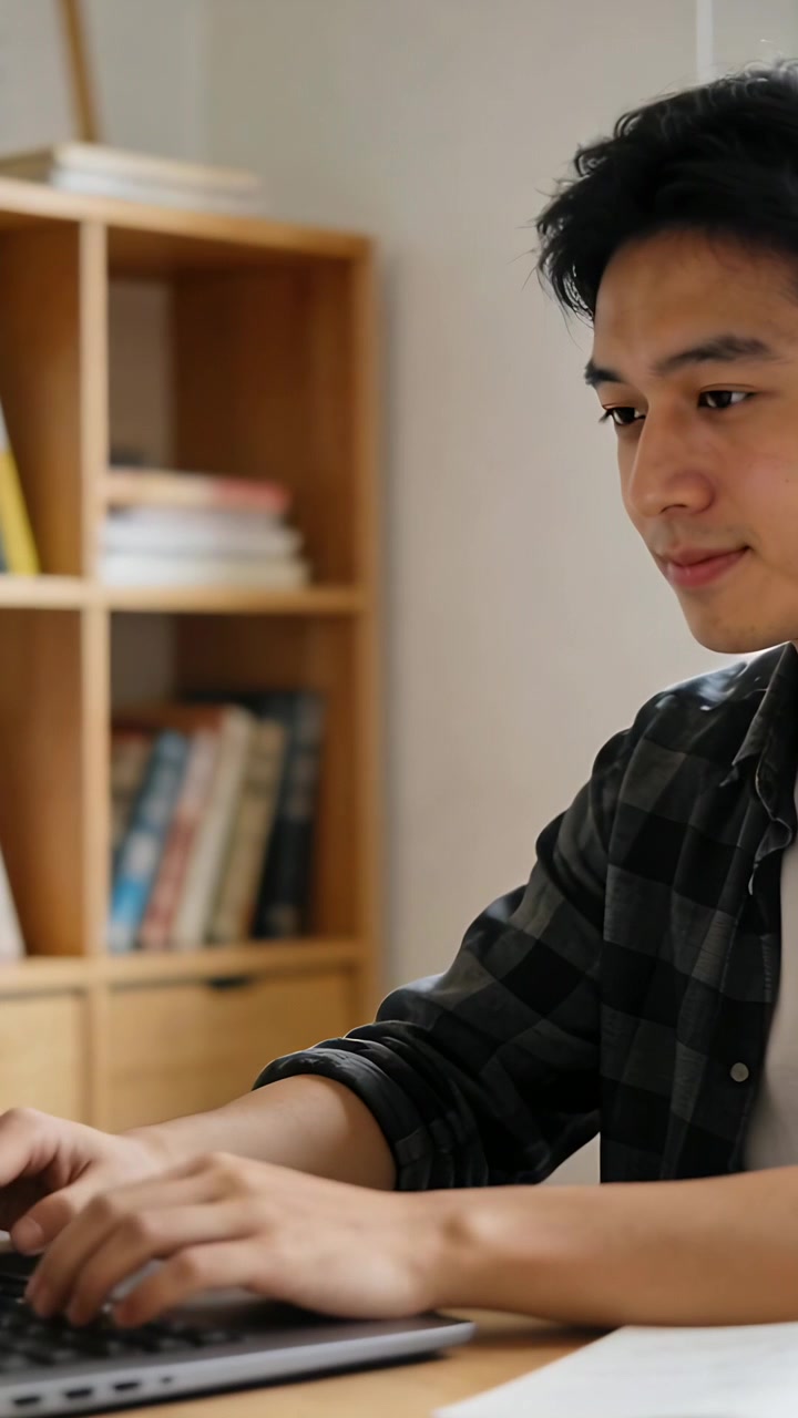 Vertical video: Placing hands on keys, Asian man in plaid shirt typing on laptop at home, studying