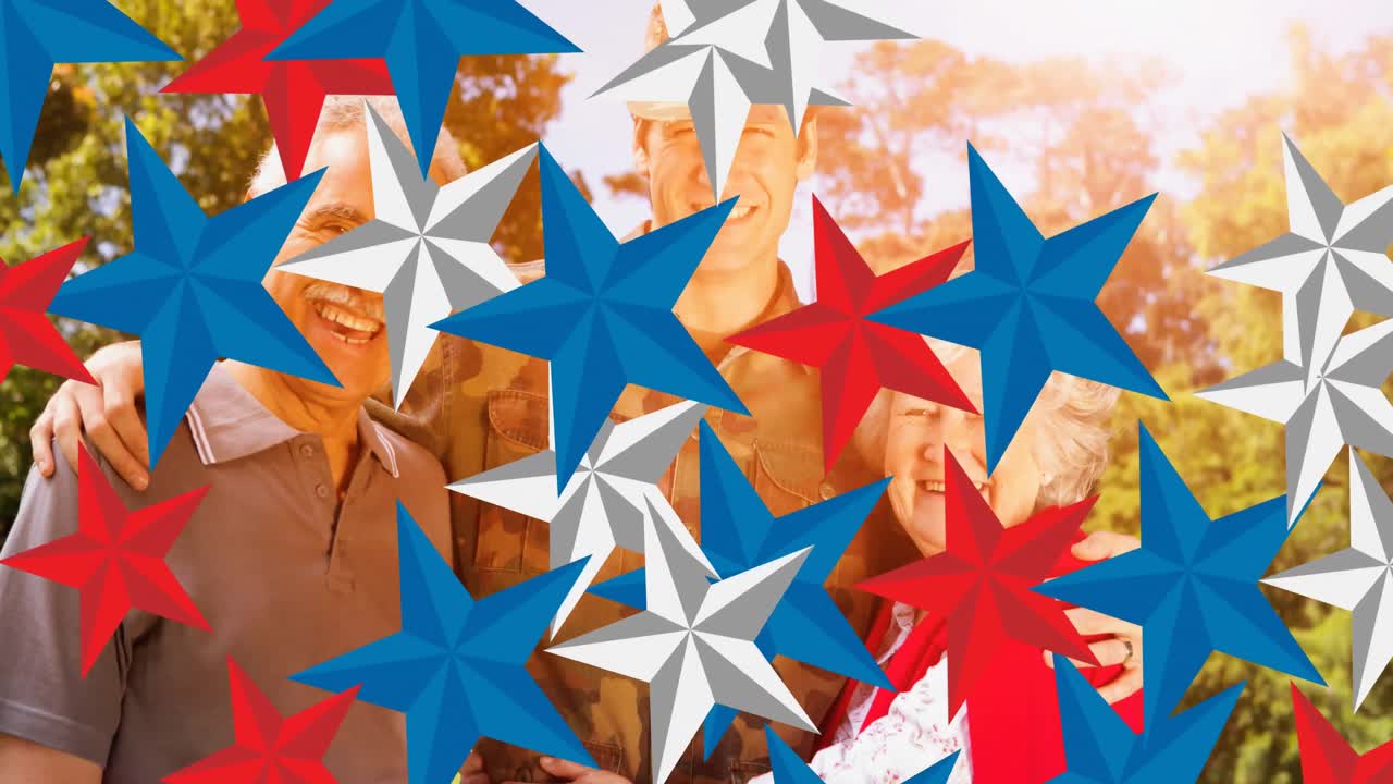 animación de estrellas que se mueven sobre el soldado con los padres