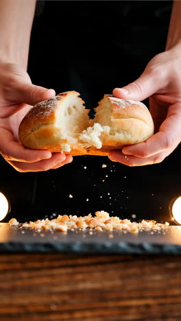 hands breaking fresh bread, crumbs falling