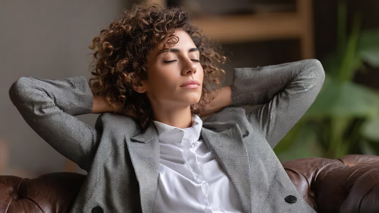 A Moment of Tranquility: Female Professional Relaxing Comfortably in a Stylish Lounge, Embracing Stillness and Inner Peace Amidst a Busy Life