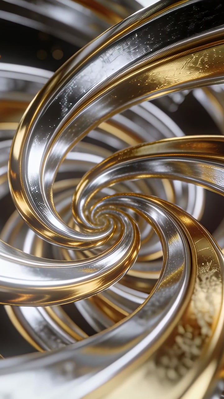 Vertical video: Rotating gold and silver ribbons in macro studio, revealing scratches and vortex