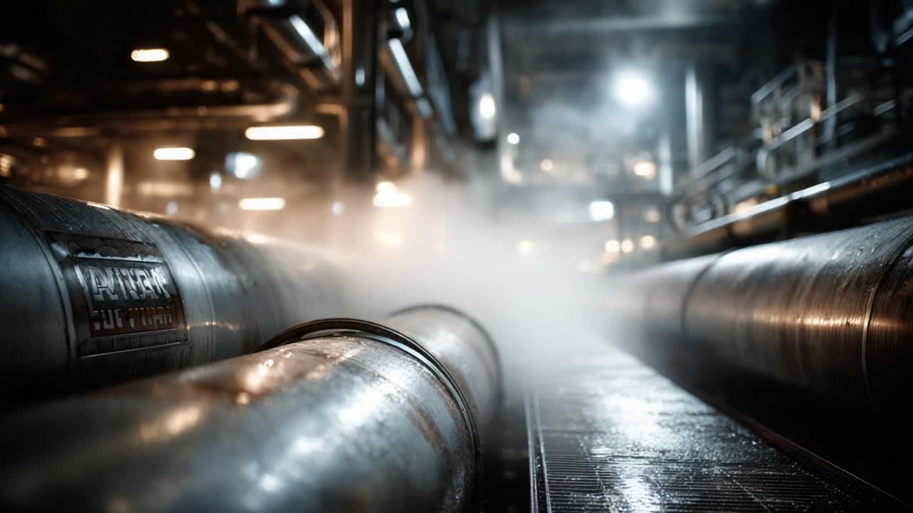 Steam and Pipes: A Glimpse into the Industrial World Revealed Through Metallic Surfaces and Diffused Light in a Factory Environment