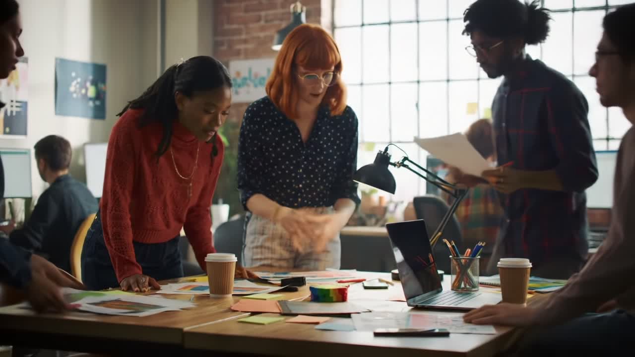 Collaboration and Creativity in a Modern Workspace: Team Engaging in Dynamic Discussions While Brainstorming Ideas Through Visuals and Artwork