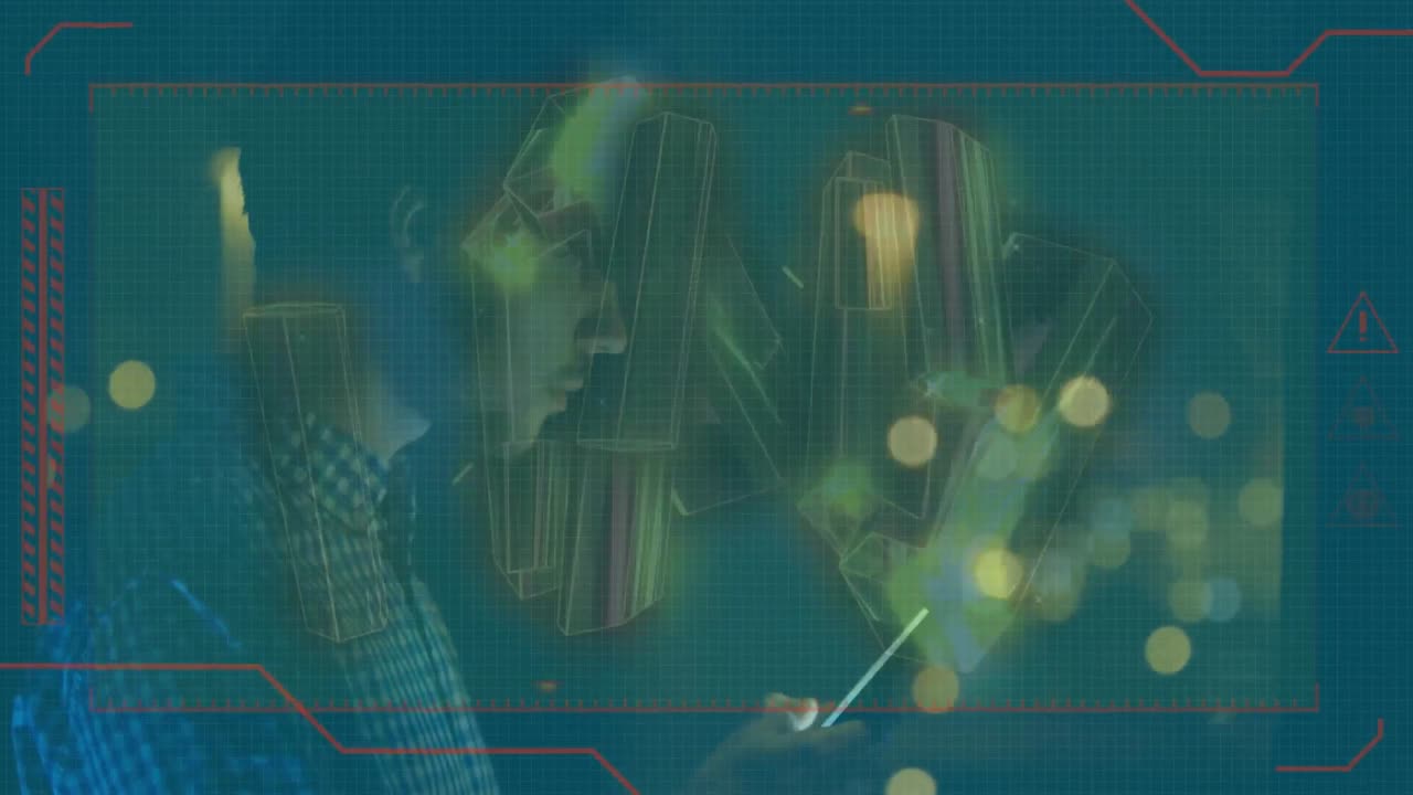 animación de bloques metálicos de oro sobre un hombre de negocios usando una tableta