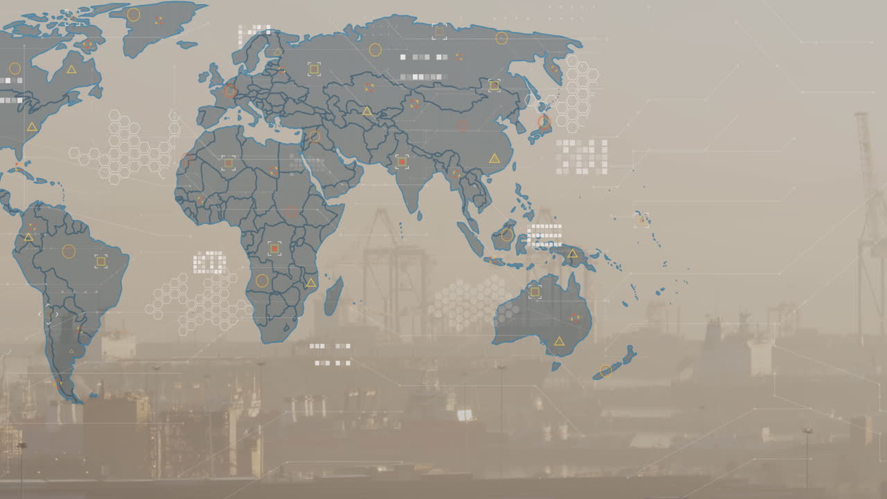 세계 지도의 애니메이션과 도시 풍경의 공중 전망에 대한 데이터 처리