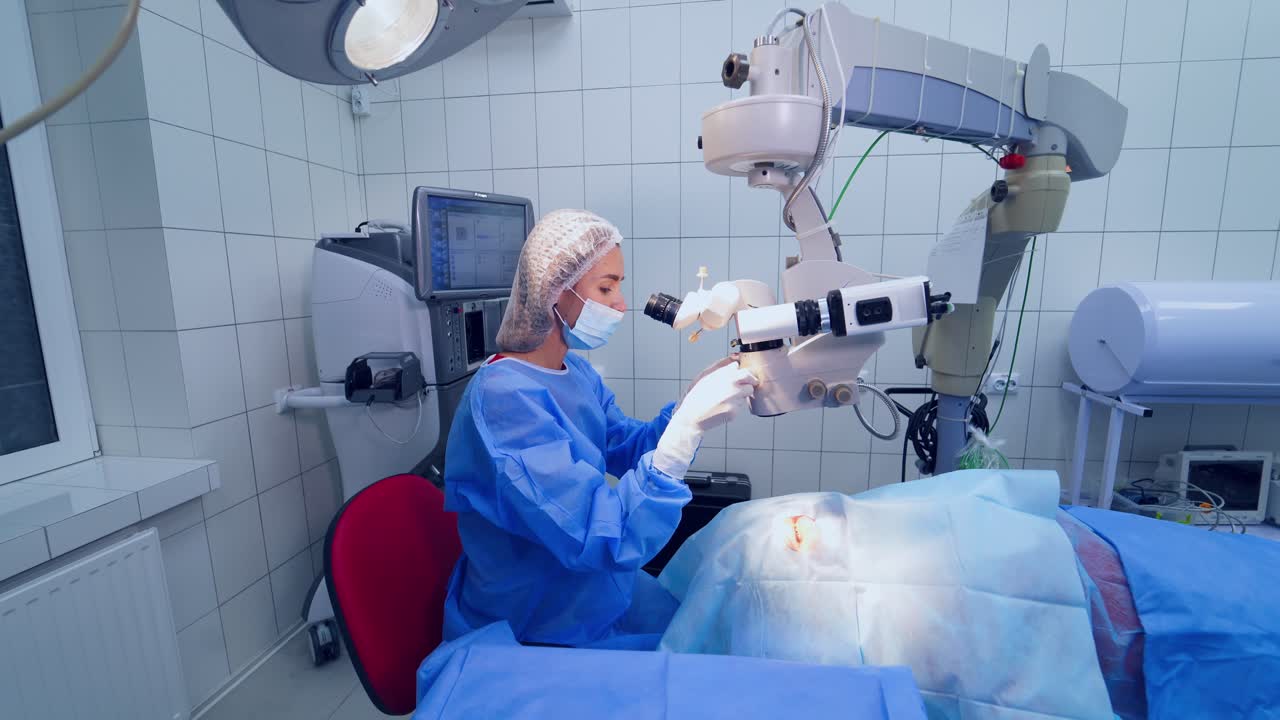 Operation on the eye, cataract surgery. Surgeon hands in gloves performing laser eye vision correction