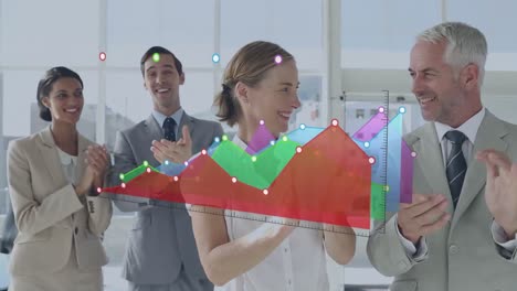 animation of financial data processing over diverse business people in office