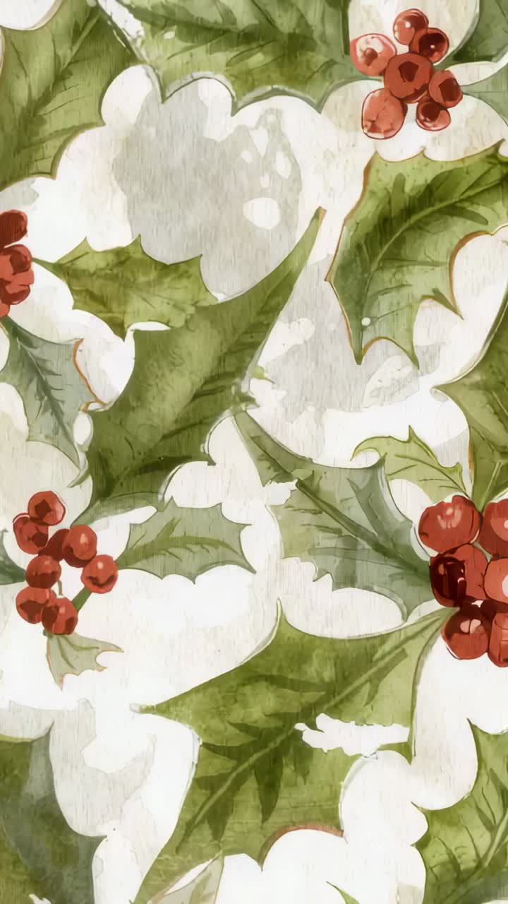 Vertical video: Panning frame crop showing holly leaves with red berries on print to reveal pattern