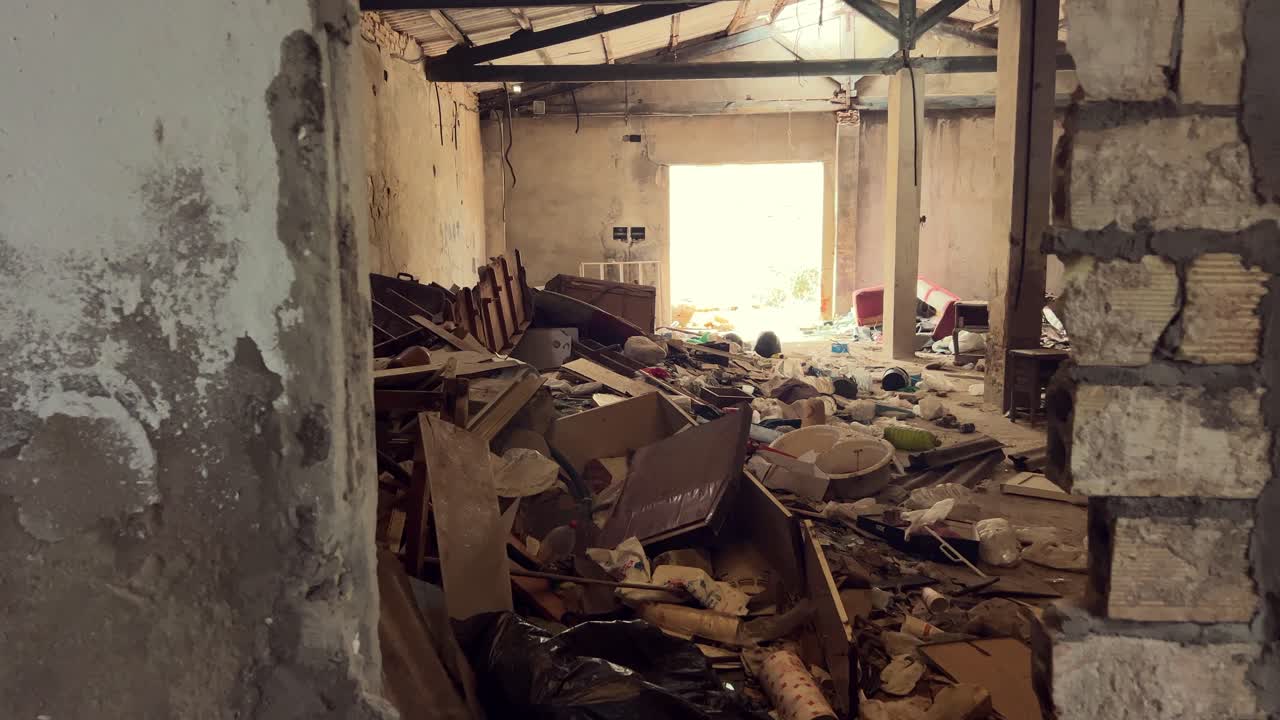 Abandoned and littered interior of a building