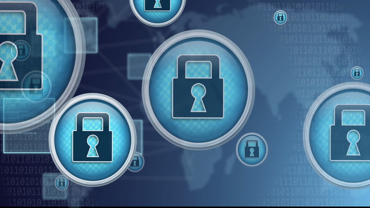 Animation of padlocks and network of connections over map of world
