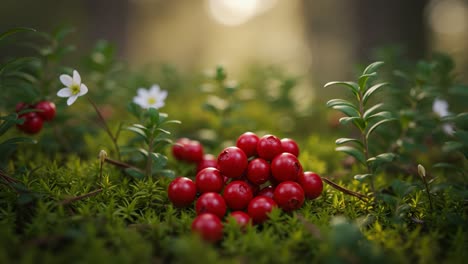 a close-up view of fresh red berries nestled among green foliage and delicate white flowers in a softly lit forest setting
