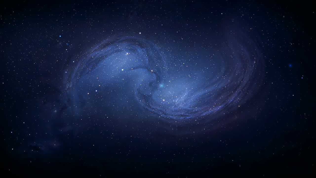 Rotating blue spiral nebula responding to gravity in deep space, unfurling bright arms and core