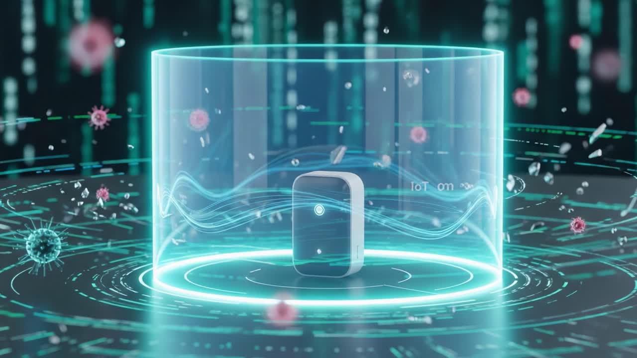 Futuristic Smart Device Encased in a Dynamic Protective Energy Field Amidst a Digital Data Stream, Representing Advanced IoT and Health Technology Innovations