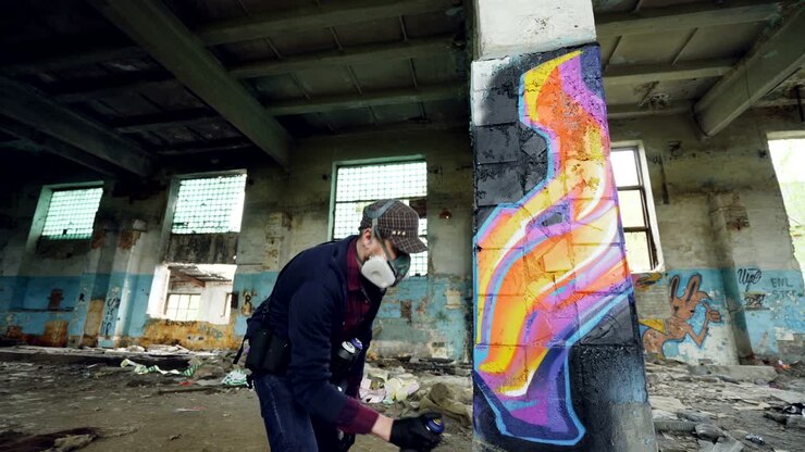 Un artista di strada urbano sta dipingendo graffiti in un edificio abbandonato con pareti e finestre sporche, usando vernice spray. Concetto di arte moderna e persone creative