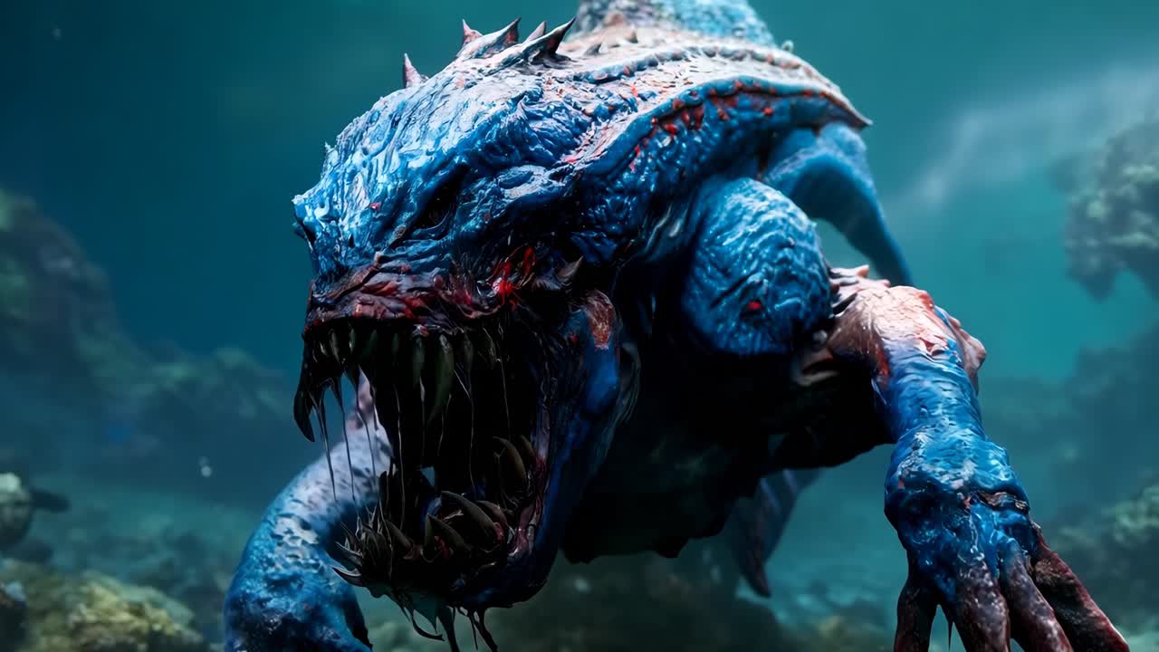 입이 열리고 이빨이 넓게 펼쳐진 파란 괴물의 클로즈업
