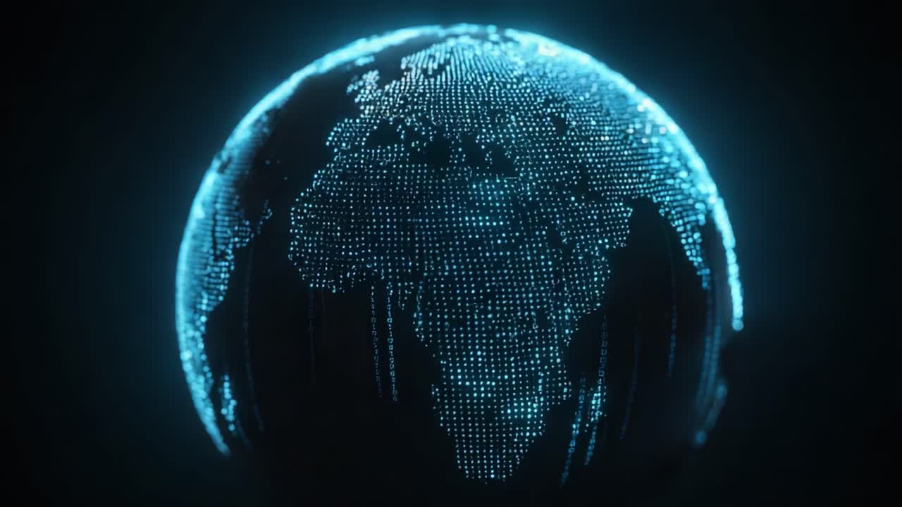 En fantastisk digital repræsentation af Jorden, med levende geometriske mønstre og oplyste landmasser i et mørkt miljø, der symboliserer global konnektivitet og teknologi.