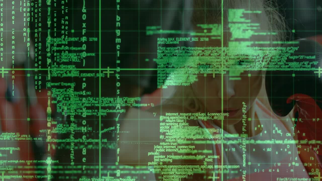 Green code grid shifting, woman red-black gloves throwing jabs to lens for training, revealing face