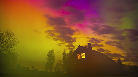 glowing aurora borealis over a log cabin - time lapse