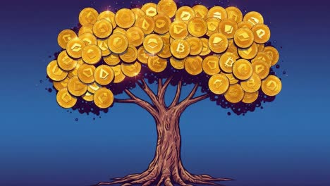 A Vibrant Tree of Prosperity: An Artistic Representation of a Tree Bountifully Adorned with Shimmering Gold Coins Symbolizing Wealth and Abundance in a Digital Age