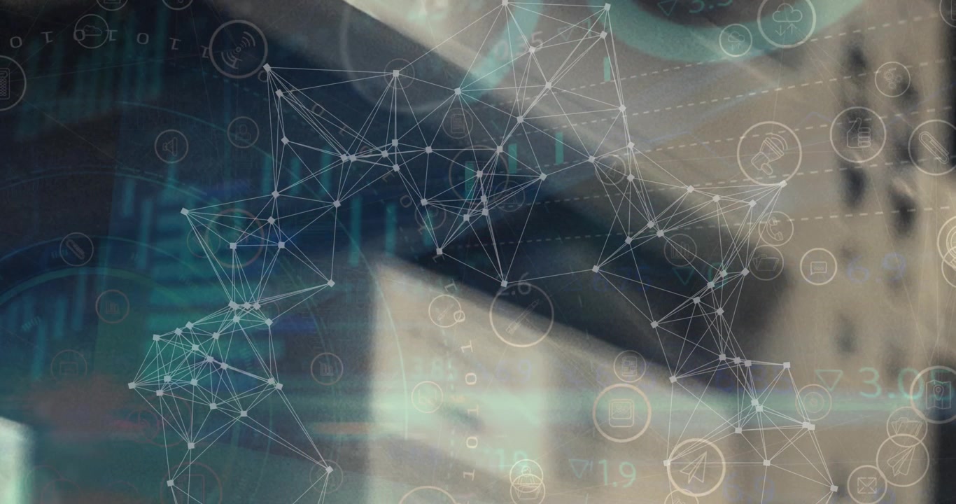 Animation of network of connections with icons over blurred background