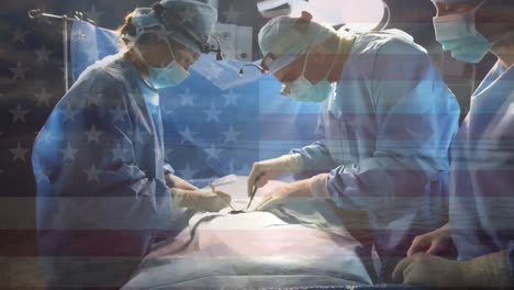 Animation-of-flag-of-usa-waving-over-surgeons-in-operating-theatre