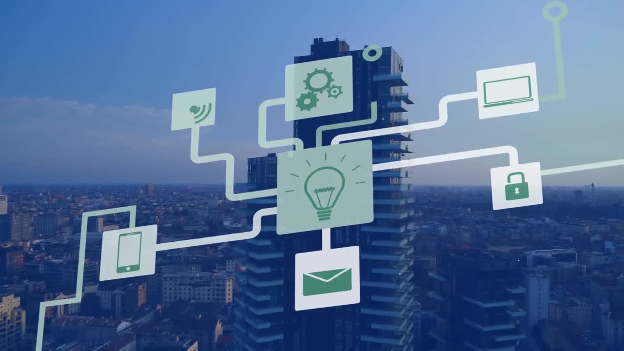 Animation of media icons over cityscape