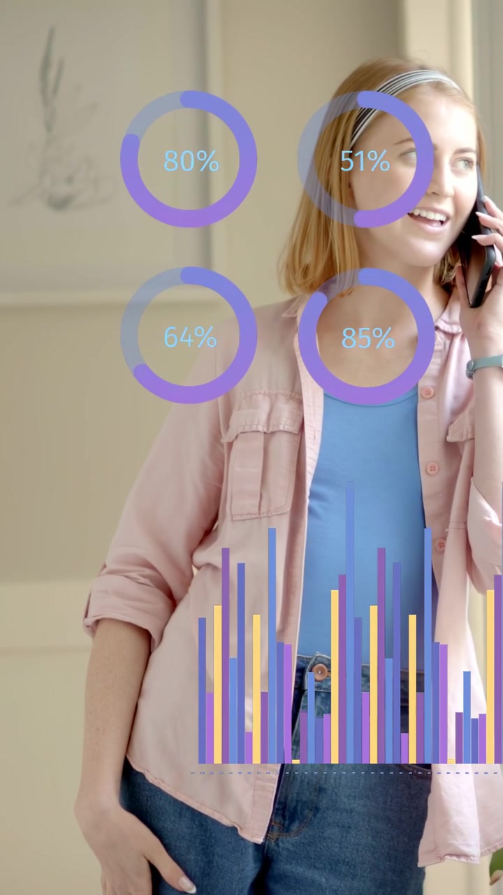 Video vertical: Teléfono sonando, mujer llevándose el teléfono a la oreja y hablando mientras se actualizan círculos y barras de tecnología.