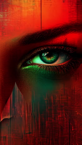 a woman's face with a green eye is shown in a colorful abstract painting. the painting is a mix of red, orange, and yellow colors, creating a vibrant and lively atmosphere