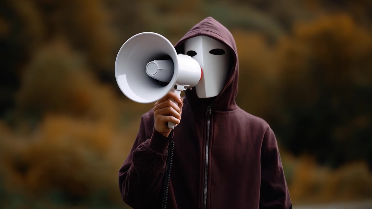 Kapüşonlu sweatshirt ve maske takmış bir figür, sıcak renklerle dolu bir sonbahar manzarasında gizem ve aciliyet havası veren bir megafon tutuyor.