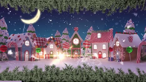 Animation-Von-Schnee,-Der-über-Winterlandschaft-Und-Mond-Fällt