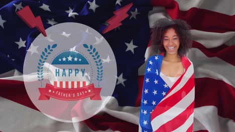 Animación-Del-Texto-Del-Día-Del-Padre-Feliz-Y-Mujer-Afroamericana-Con-Bandera-De-EE.UU.