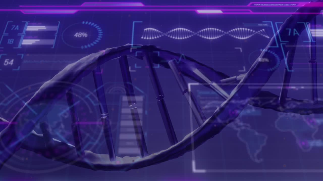 Animation of dna strand over data processing on black background
