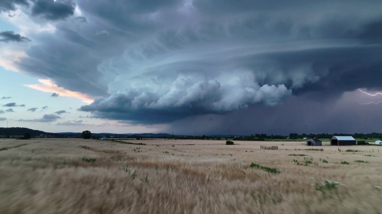 Advancing shelf cloud lowering base and forming rain core over golden field, striking near barns