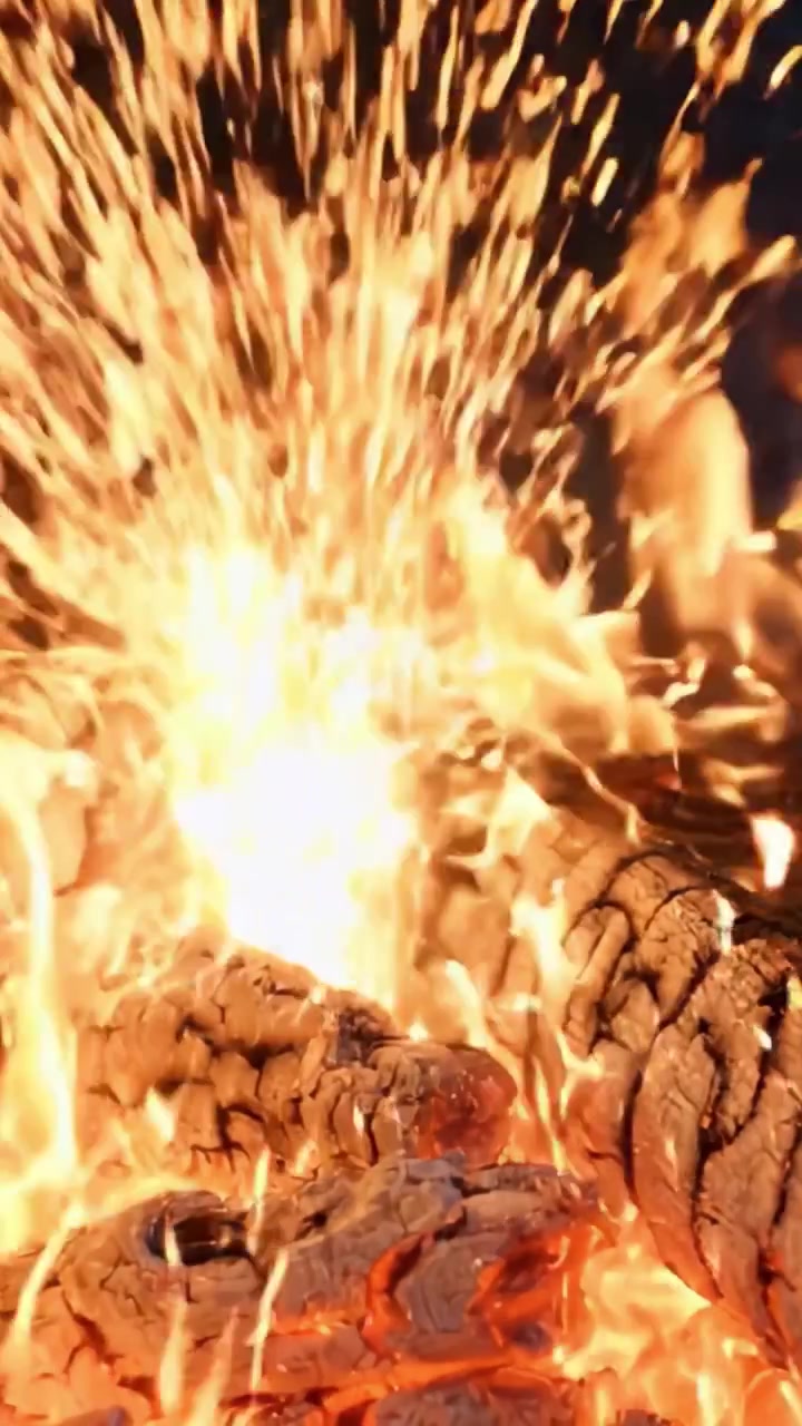 Un primo piano accattivante di fiamme vivaci che danzano su ceppi ardenti, mettendo in mostra la bellezza e la potenza del fuoco in movimento.